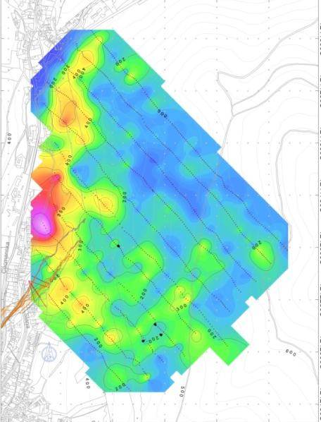 Mapa znečistenia pôdy ortuťou. Zistené pomocou merania obsahu Hg v pôdnom vzduchu. Merané vysoko citlivým prístrojom LUMEX RA-915.